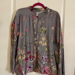 Lola Floral Satin Button-Front Blouse — Gray with Pink, Yellow & Green